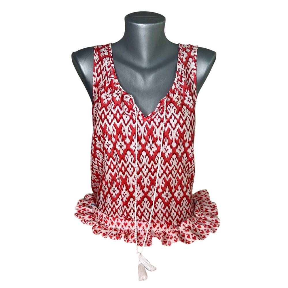 BeachLunchLounge Red and White Patterned Women's Boho Tank Top Ruffle Small S
